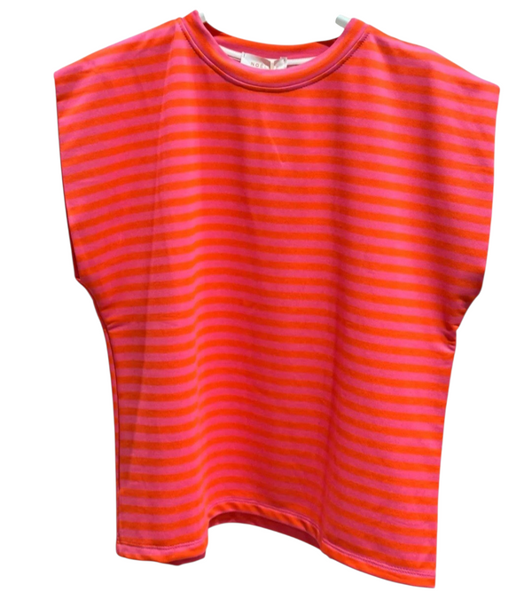 Neon Coral Stripe Cap-Sleeve  Tee
