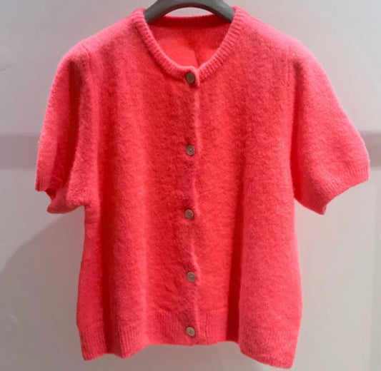 Neon Coral Alpaca Blend Short Sleeve Cardigan