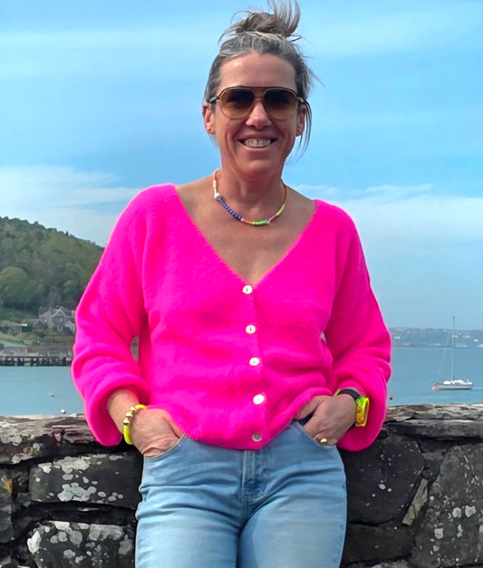 Neon Pink Superfine Alpaca & Wool Mix V Neck cardigan