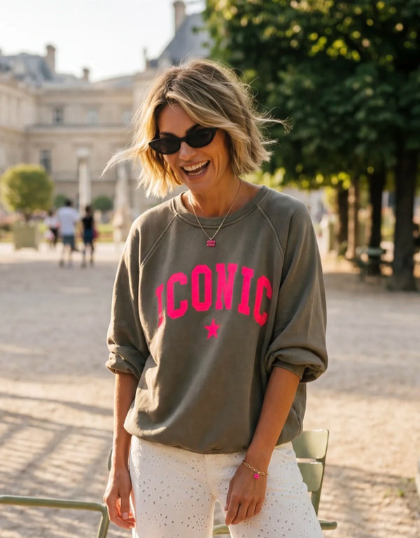 Retro-Style ICONIC star Sweatshirt| Khaki & Neon Pink