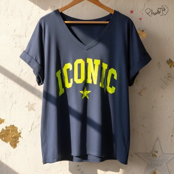 The 'Iconic' V Neck, Graphic Slouchy Tee in Navy & Neon Yellow