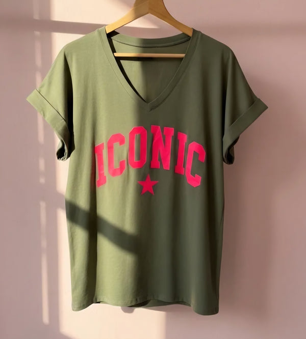 The 'Iconic' Slouchy Graphic Tee in Khaki and Neon Pink