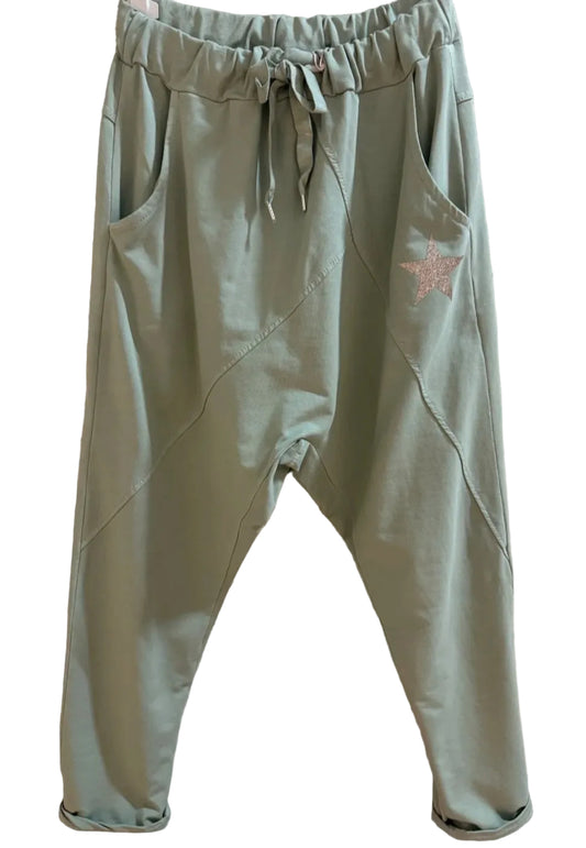 Light Khaki, Star Graphic, Drop Crotch Joggers|Harem pants