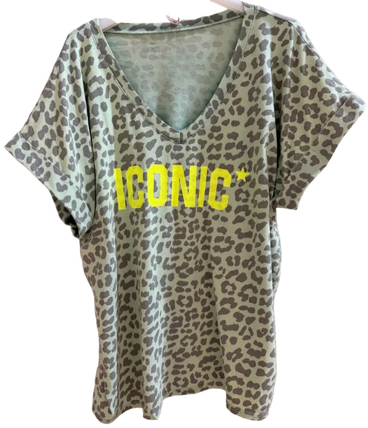 ICONIC Neon Leopard Print Tee in Sage and Neon Yellow