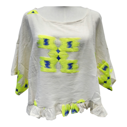 Neon Ikat- Inspired Pure Cotton Ruffle Blouse