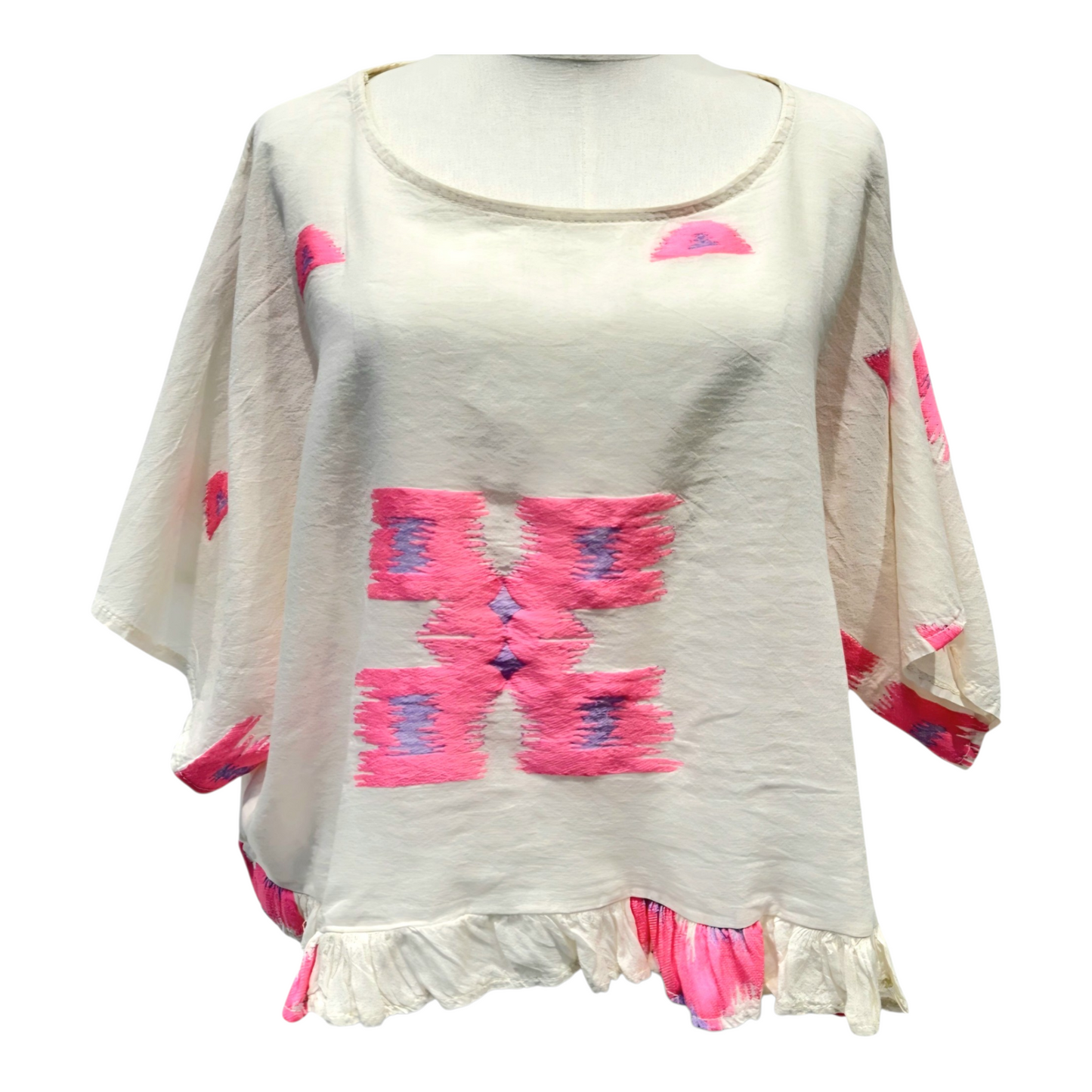 Neon Ikat- Inspired Pure Cotton Ruffle Blouse in Neon Pink and Lilac