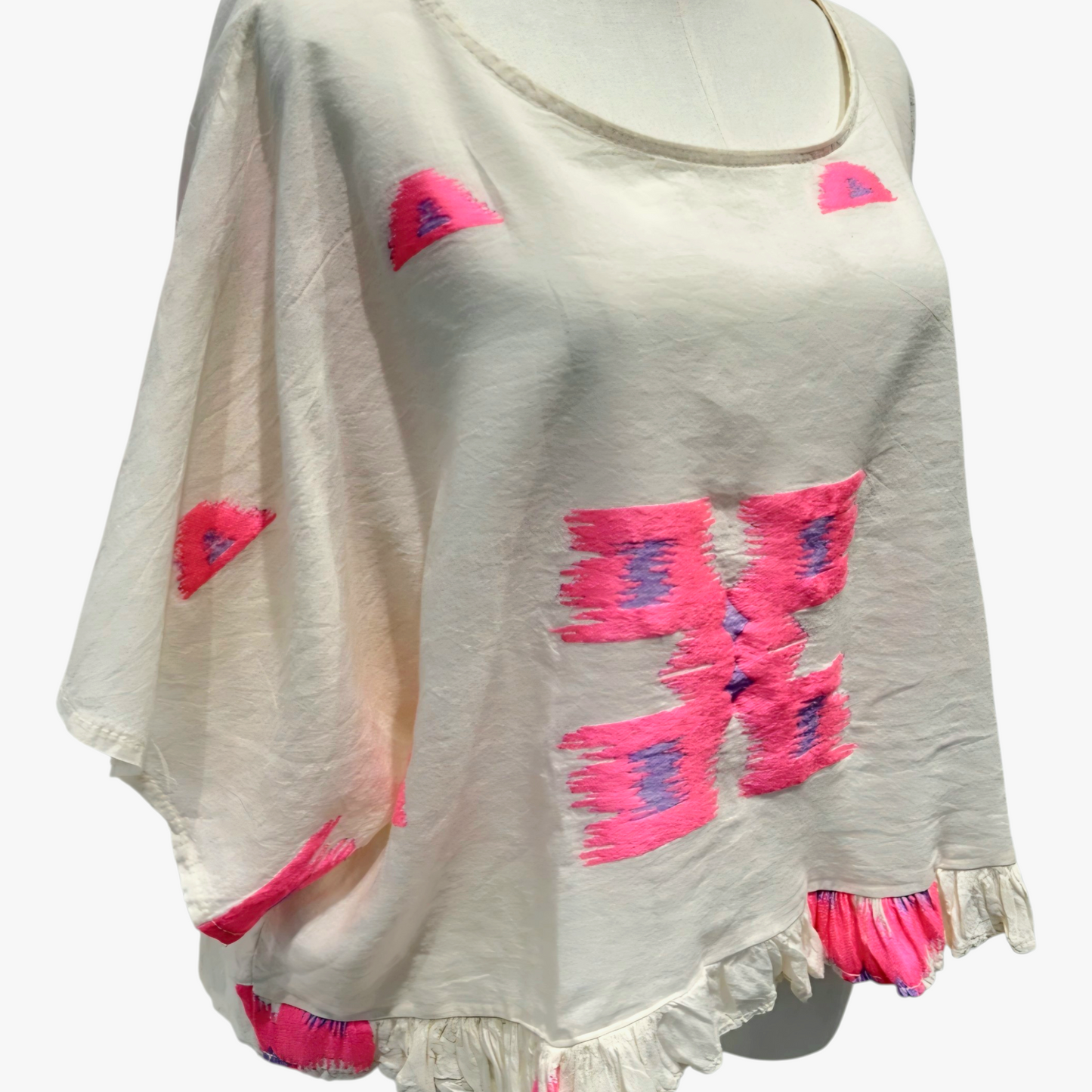 Neon Ikat- Inspired Pure Cotton Ruffle Blouse in Neon Pink and Lilac