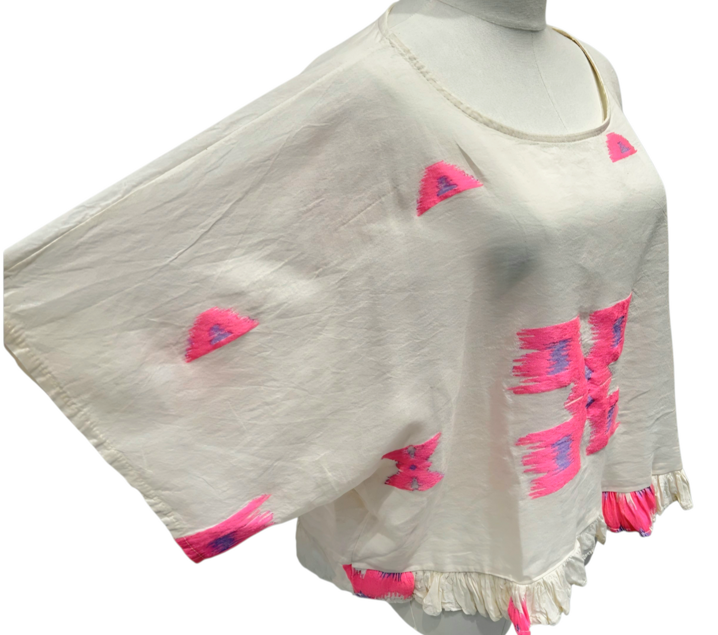 Neon Ikat- Inspired Pure Cotton Ruffle Blouse in Neon Pink and Lilac