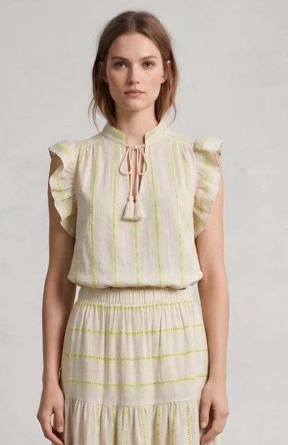 Romantic Ruffled Blouse with Tassels in Off White & Neon Yellow Stripe