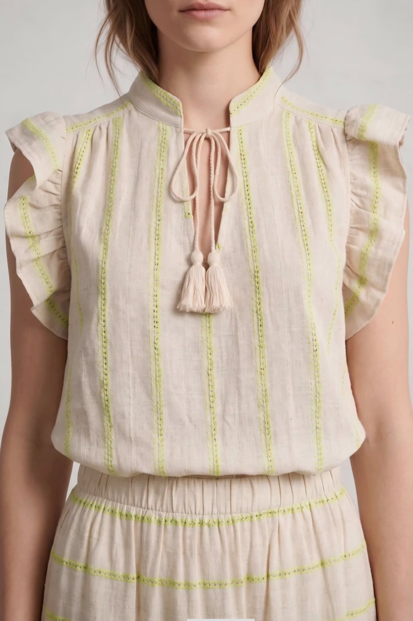Romantic Ruffled Blouse with Tassels in Off White & Neon Yellow Stripe