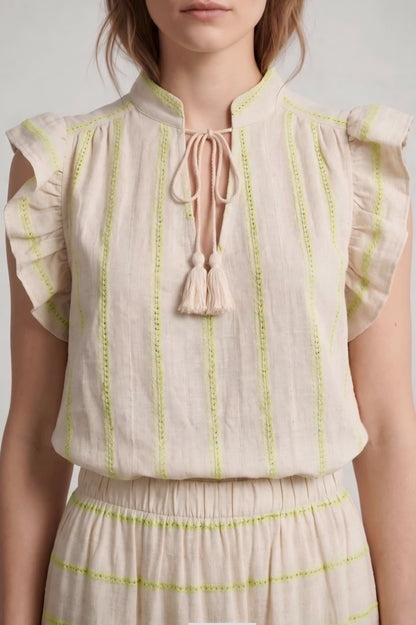 Romantic Ruffled Blouse with Tassels in Off White & Neon Yellow Stripe