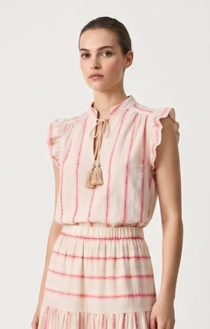 Romantic Ruffled Blouse with Tassels in Off White & Neon Pink Stripe