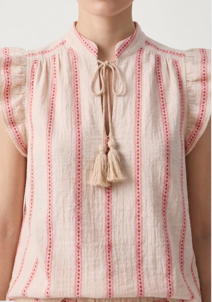 Romantic Ruffled Blouse with Tassels in Off White & Neon Pink Stripe