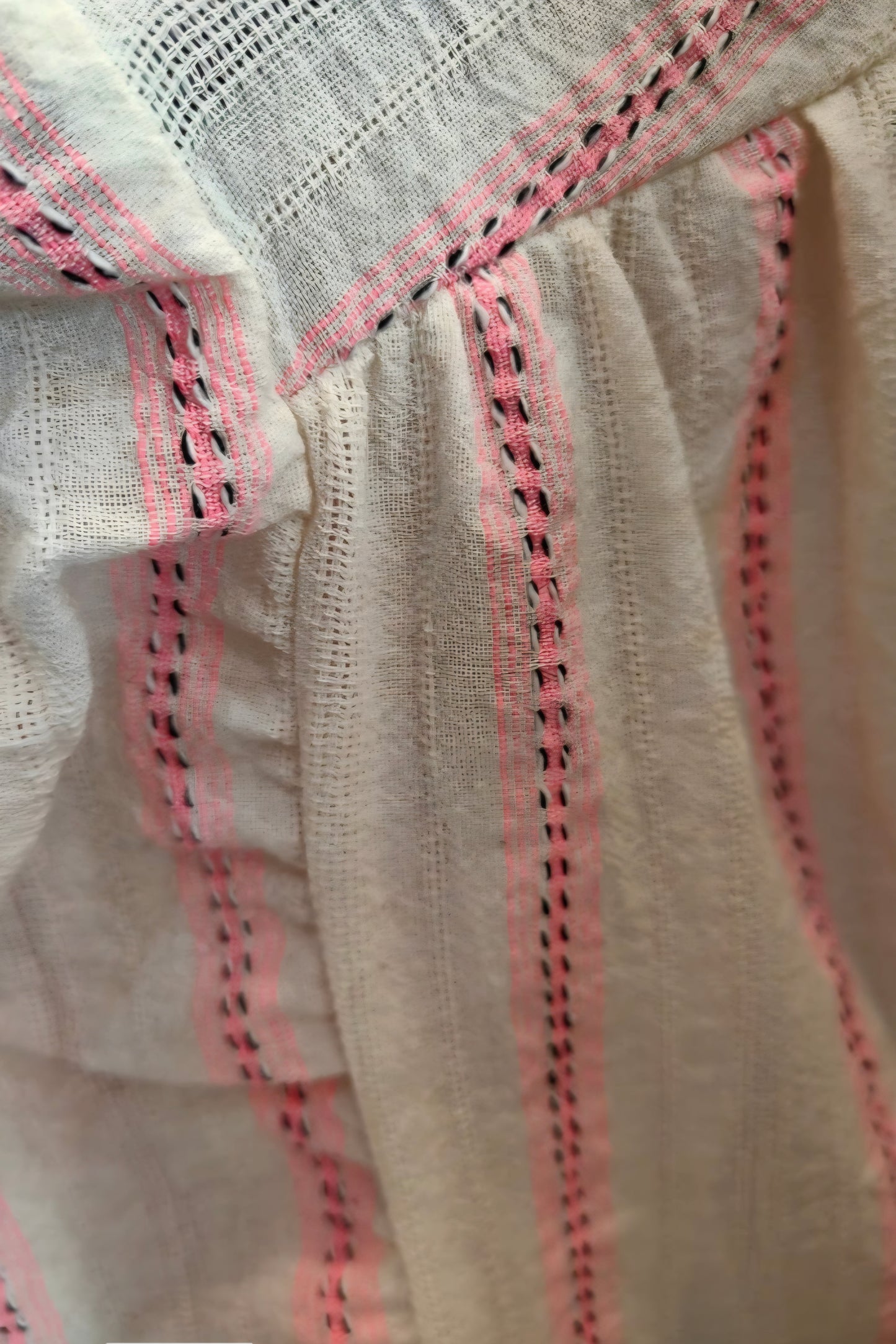 Romantic Ruffled Blouse with Tassels in Off White & Neon Pink Stripe
