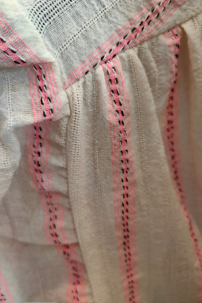 Romantic Ruffled Blouse with Tassels in Off White & Neon Pink Stripe