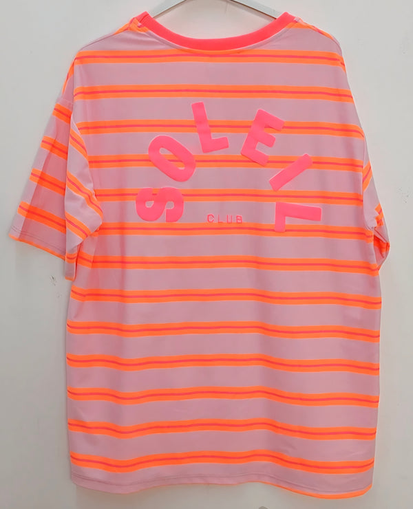 Soleil Club Retro Stripe Tee:Neon Pink and Orange