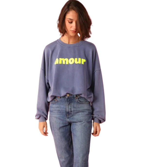 Washed Crewneck Sweat in Denim Blue and Neon Yellow