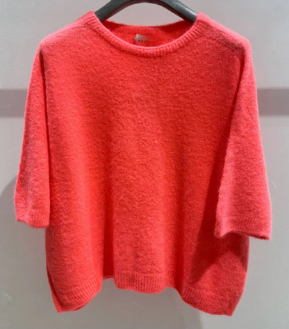 Neon Coral short sleeve Sweater in Superfine Alpaca Mix