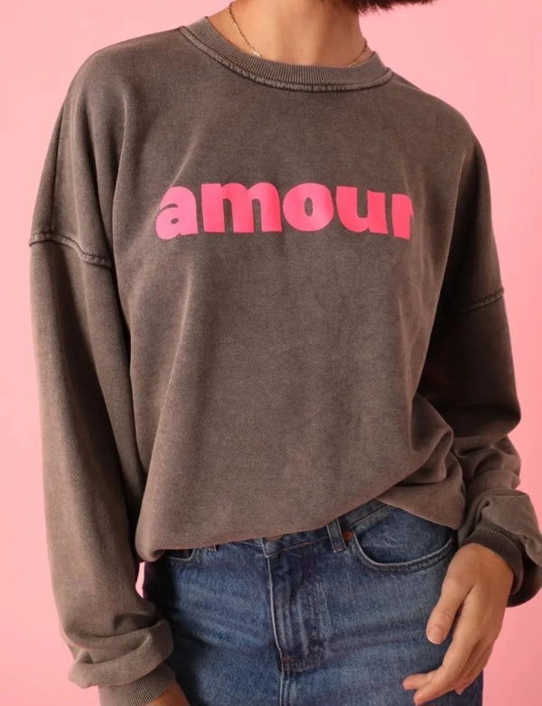 Washed Crew neck Amour Sweater in Light Black and Neon Pink