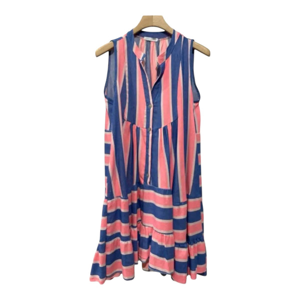 Summer Breeze Tiered Mini Dress in Neon Pink and Blue Stripe