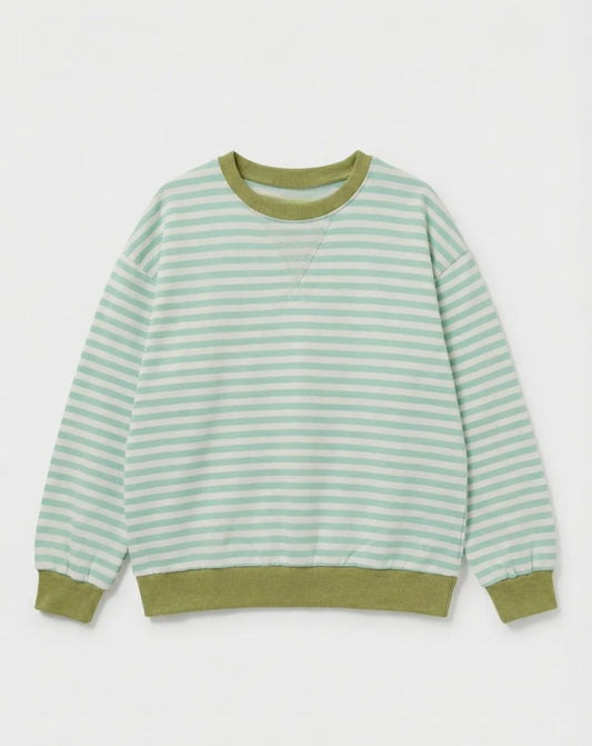 The Relaxed Stripe Cotton Sweatshirt in Mint and Olive Green