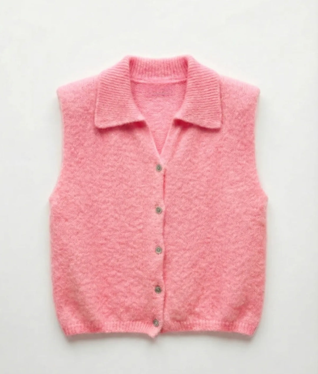 Baby Alpaca & Wool Blend Collared Knit Vest with shoulder pads in Bubblegum Pink