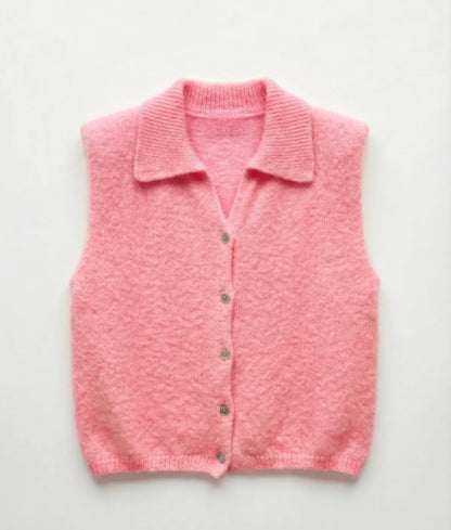 Baby Alpaca & Wool Blend Collared Knit Vest with shoulder pads in Bubblegum Pink