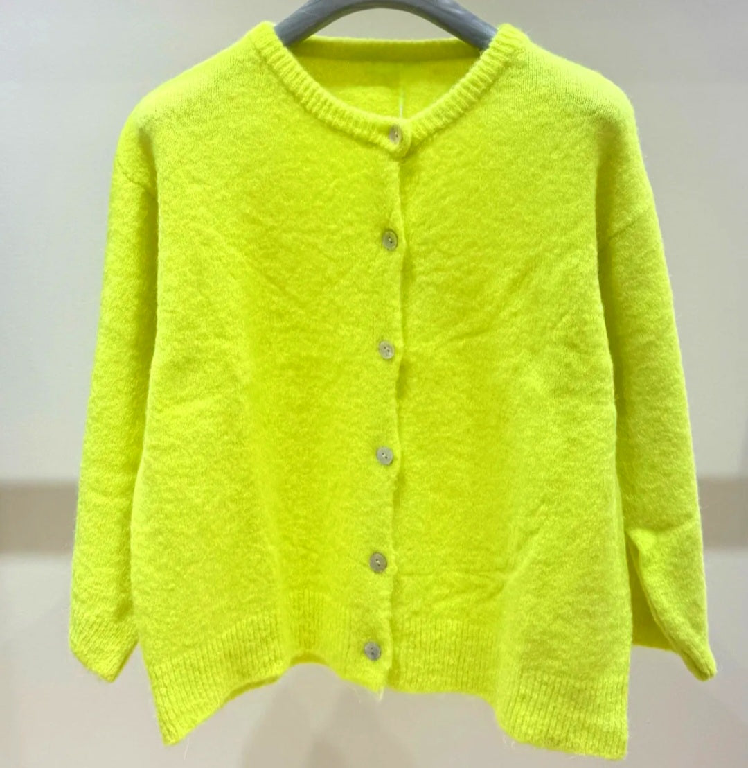 Italian Neon Yellow Alpaca Blend Cardigan. 3/4 sleeve