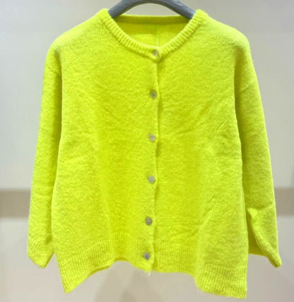 Italian Neon Yellow Alpaca Blend Cardigan. 3/4 sleeve