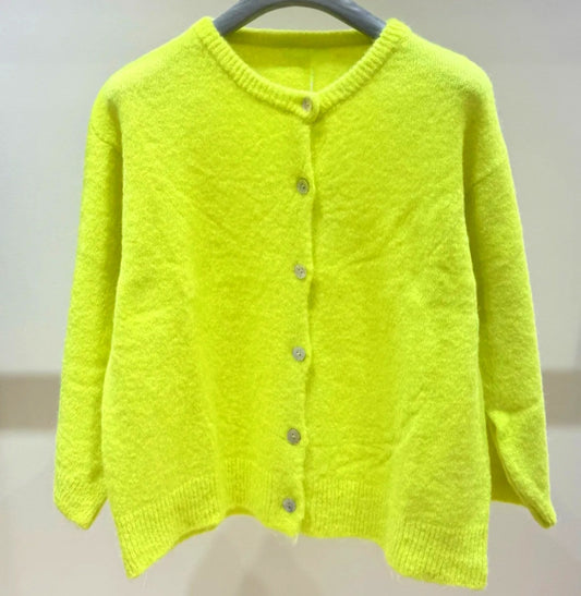 Italian Neon Yellow Alpaca Blend Cardigan. 3/4 sleeve