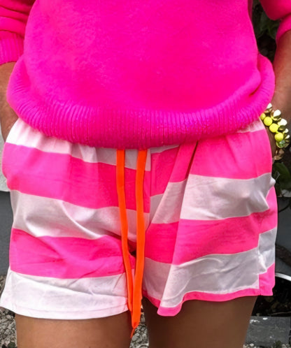 Neon Pink Light Pink Stripe Cotton Mix Shorts with Neon Orange Drawstring