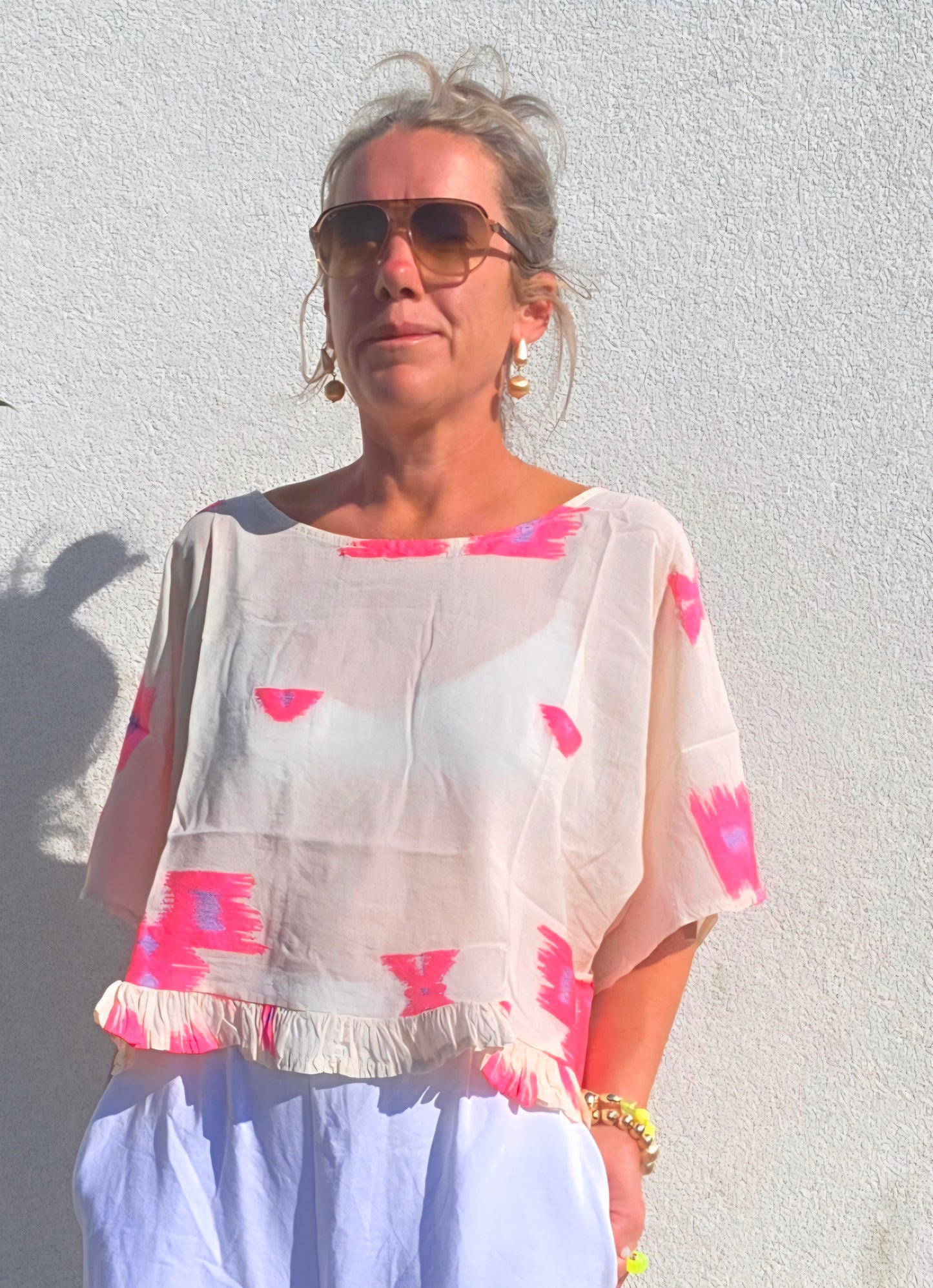 Neon Ikat- Inspired Pure Cotton Ruffle Blouse in Neon Pink and Lilac