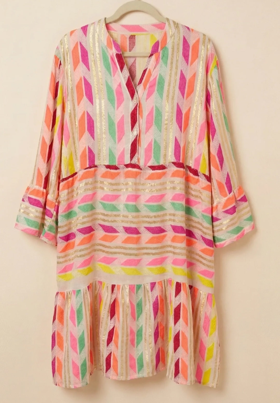 Sunset Chevron Metallic Lurex Tiered Resort Dress