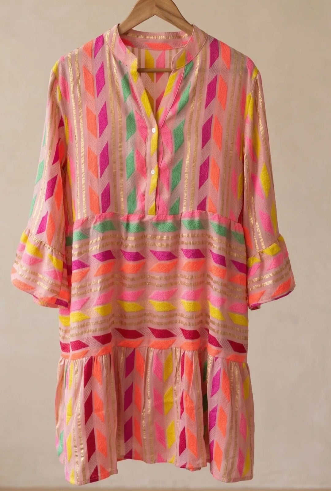 Vibrant Pink Geometric Woven Tunic Dress|Boho Resort Style