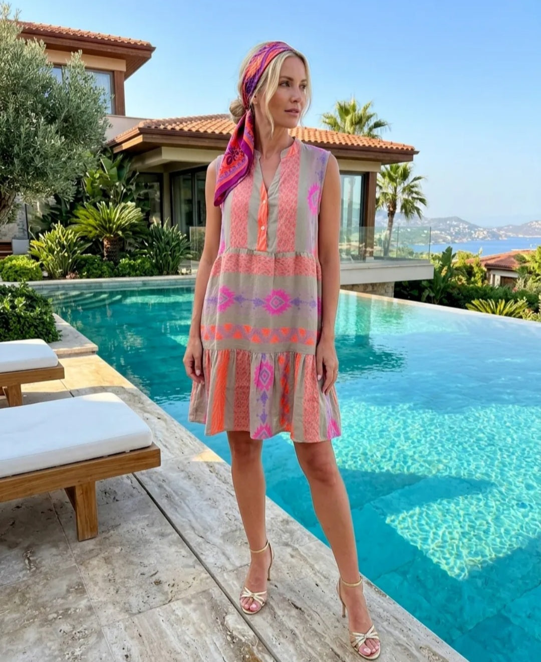 Geometric & Mixed Print Sleeveless Pure Cotton Tiered Tunic Dress|Made in India