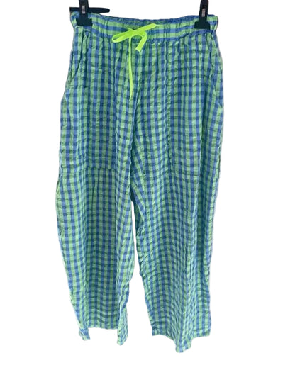 Vibrant Gingham Seersucker Drawstring Trousers with Neon Yellow Drawstring