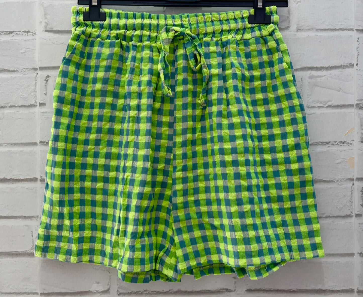 Lime Green Checkered Drawstring Shorts| Casual Summer Resortwear
