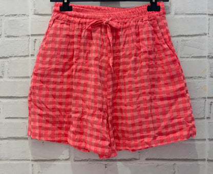 Womens Coral Gingham Shorts- Lightweight Drawstring Summer Beach Shorts
