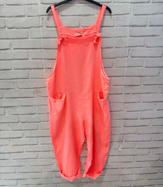 Neon Coral Linen Blend Slouchy Dungarees