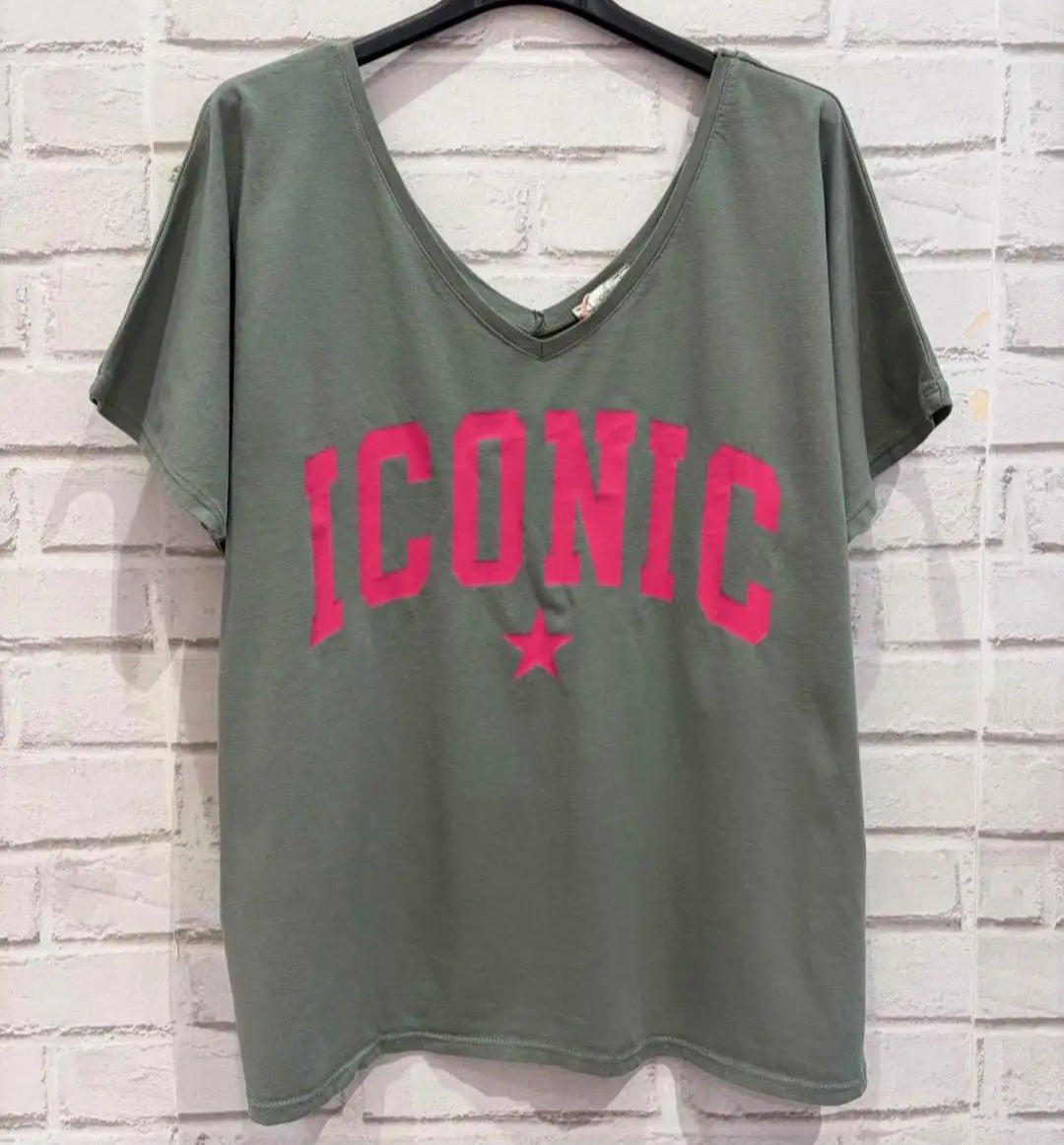 ICONIC Varsity Relaxed V Neck T Shirt in Khaki and Pink