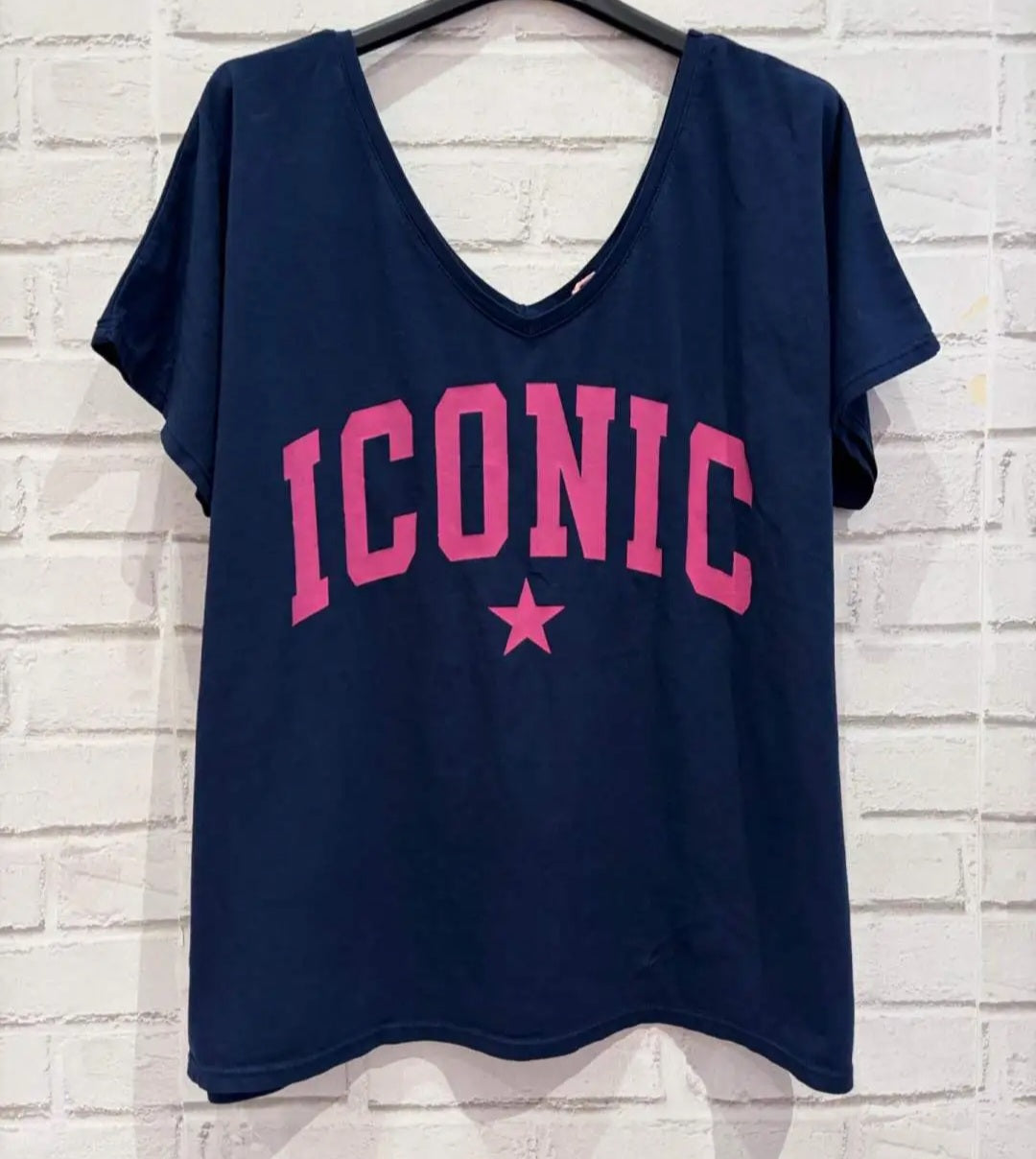 ICONIC Varsity Relaxed V Neck T Shirt in Navy and Pink