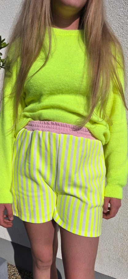 Neon Yellow Striped, Elasticated Waist Shorts in Cotton Blend.