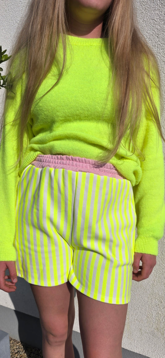 Neon Yellow Striped, Elasticated Waist Shorts in Cotton Blend.