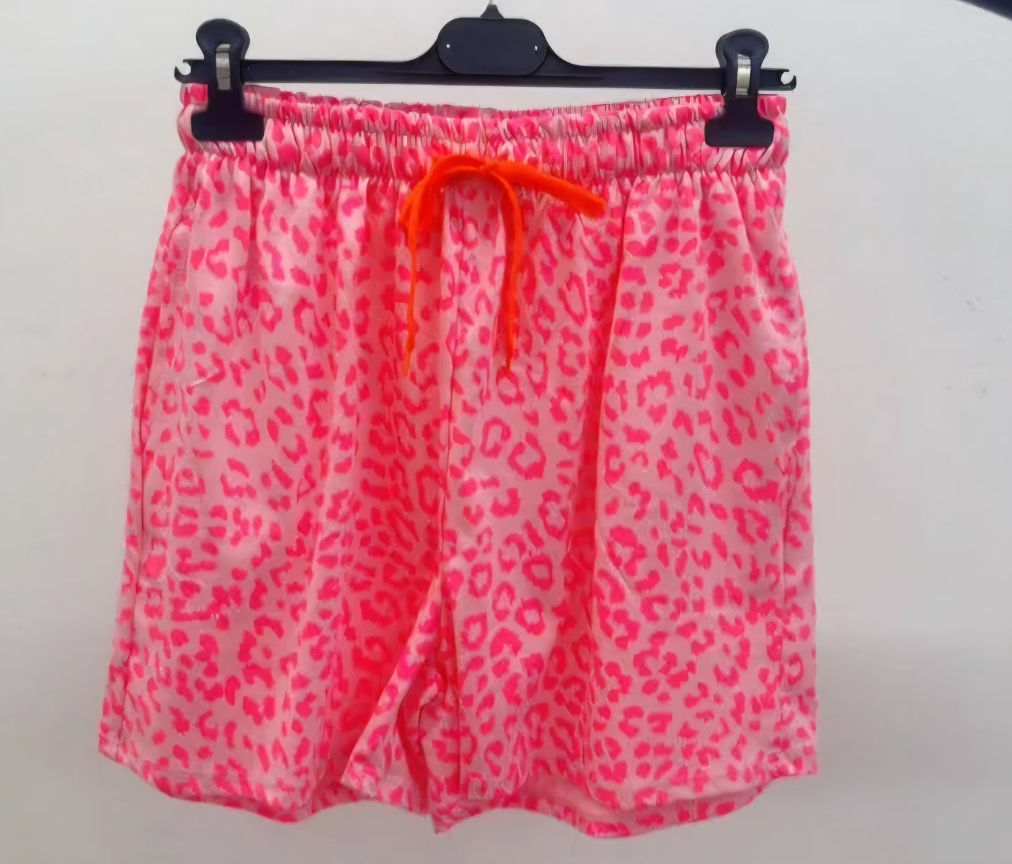 Neon Pink Leopard Print Cotton Shorts with Contrast Drawstring
