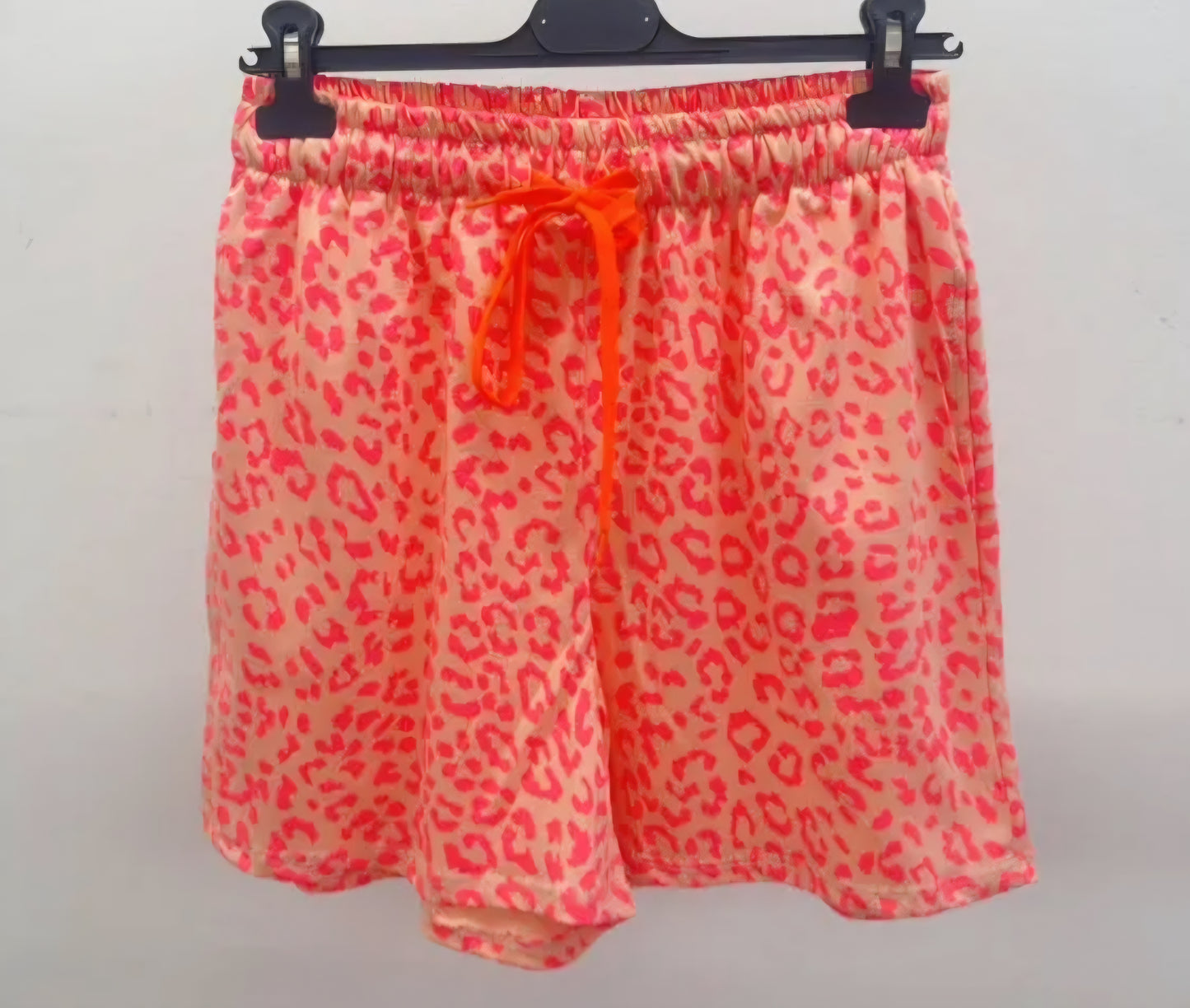 Neon Peach and Pink Leopard Print Cotton Shorts with Contrast Drawstring.