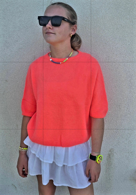 Neon Coral short sleeve Sweater in Superfine Alpaca Mix