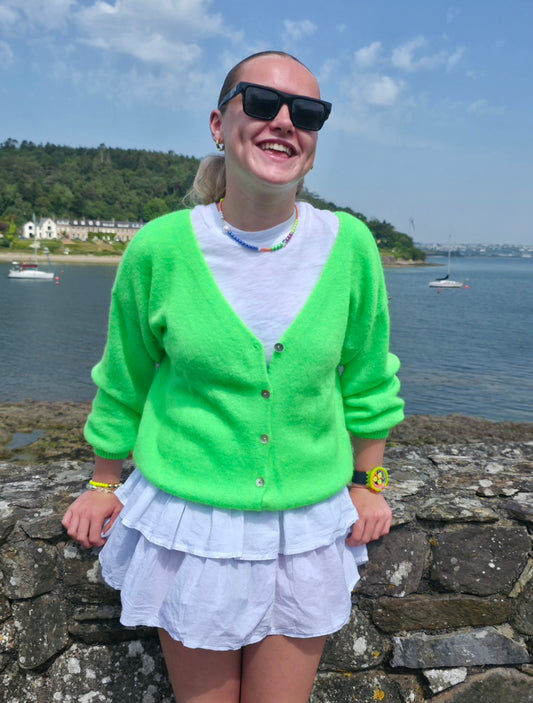 Neon Green V Neck Superfine Alpaca and Wool Cardigan