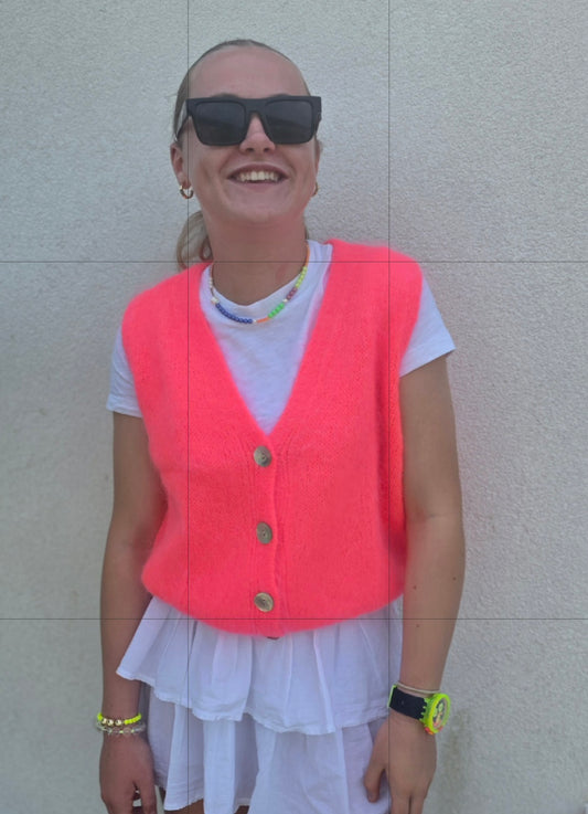 Neon Coral Mohair-Wool Blend V-Neck Knit Vest