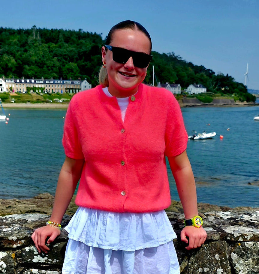 Neon Coral Alpaca Blend Short Sleeve Cardigan