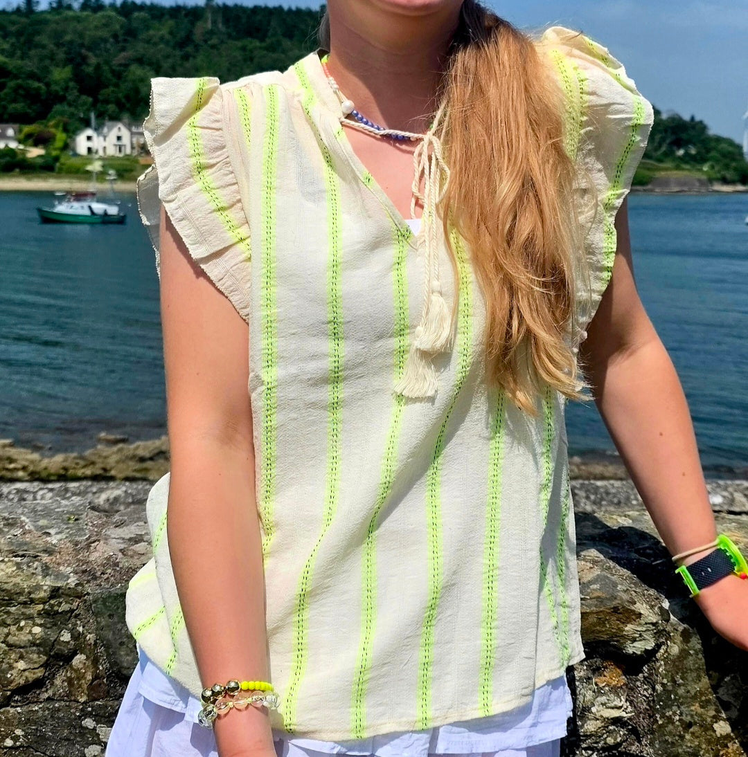Romantic Ruffled Blouse with Tassels in Off White & Neon Yellow Stripe